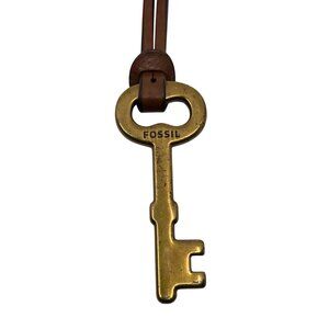 Fossil Gold Tone Metal Key w. Brown Leather Loop Strap Bag Charm or Keychain